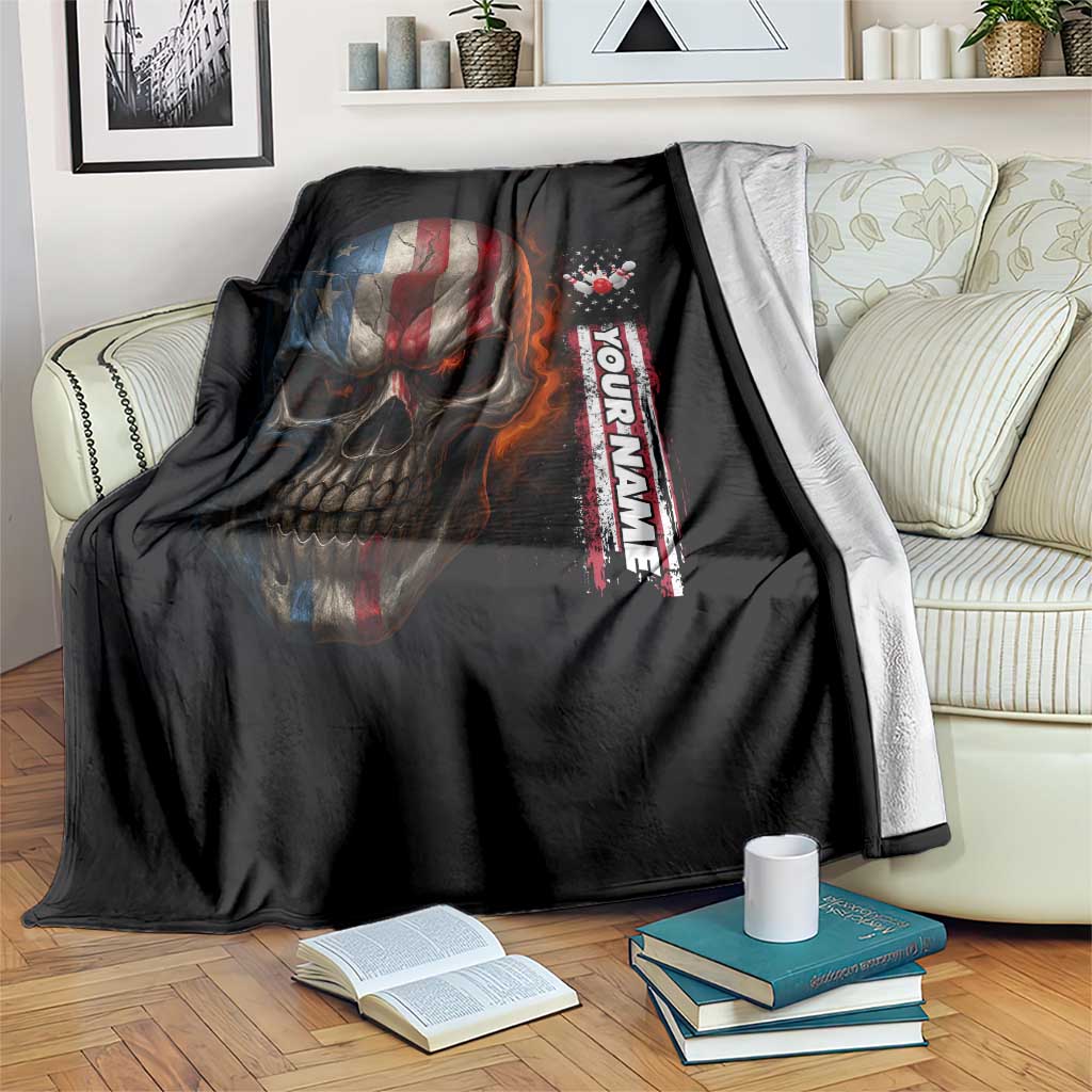 Custom American Flag Skull Blanket with Bowling Pins Flame Effect and Grunge Pattern - Wonder Print Shop