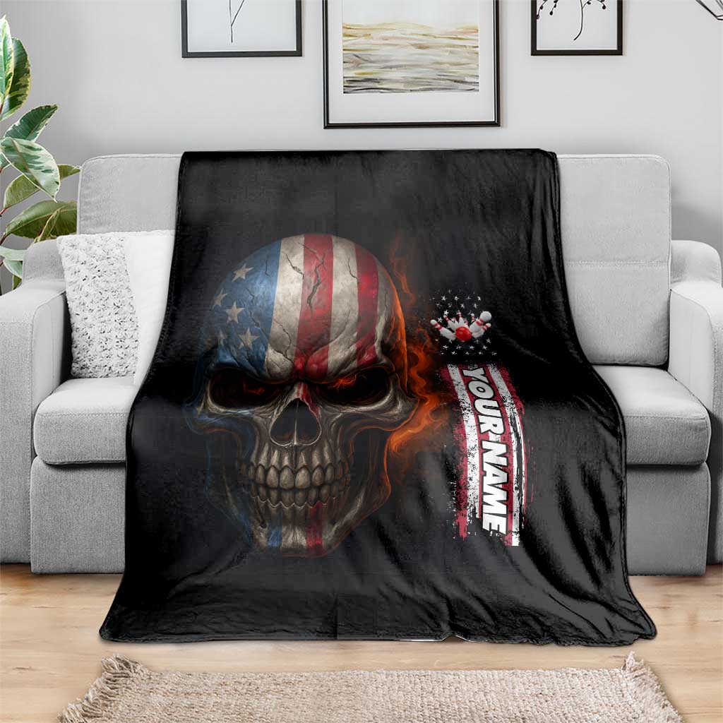 Custom American Flag Skull Blanket with Bowling Pins Flame Effect and Grunge Pattern - Wonder Print Shop