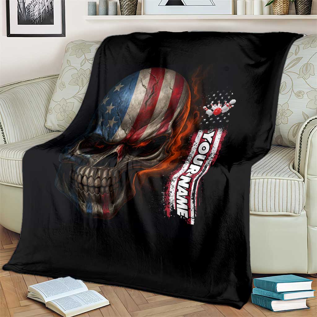 Custom American Flag Skull Blanket with Bowling Pins Flame Effect and Grunge Pattern - Wonder Print Shop