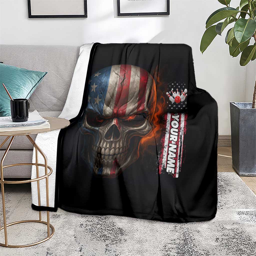 Custom American Flag Skull Blanket with Bowling Pins Flame Effect and Grunge Pattern - Wonder Print Shop