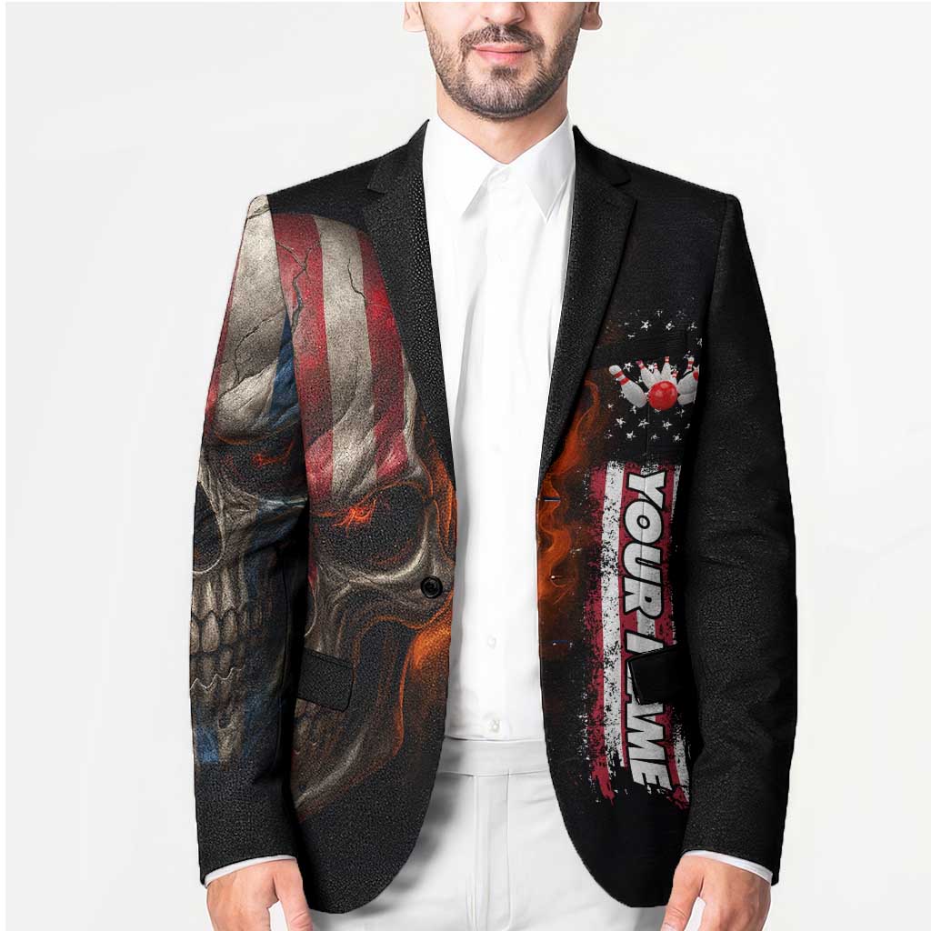 Custom American Flag Skull Blazer with Bowling Pins Flame Effect and Grunge Pattern - Wonder Print Shop