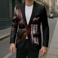 Custom American Flag Skull Blazer with Bowling Pins Flame Effect and Grunge Pattern - Wonder Print Shop