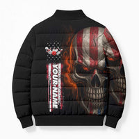 Custom American Flag Skull Bomber Puffer Jacket with Bowling Pins Flame Effect and Grunge Pattern - Wonder Print Shop