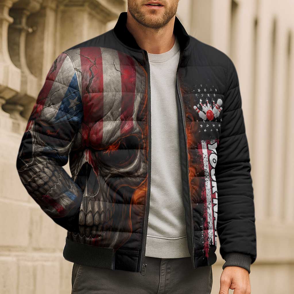 Custom American Flag Skull Bomber Puffer Jacket with Bowling Pins Flame Effect and Grunge Pattern - Wonder Print Shop