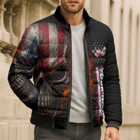 Custom American Flag Skull Bomber Puffer Jacket with Bowling Pins Flame Effect and Grunge Pattern - Wonder Print Shop