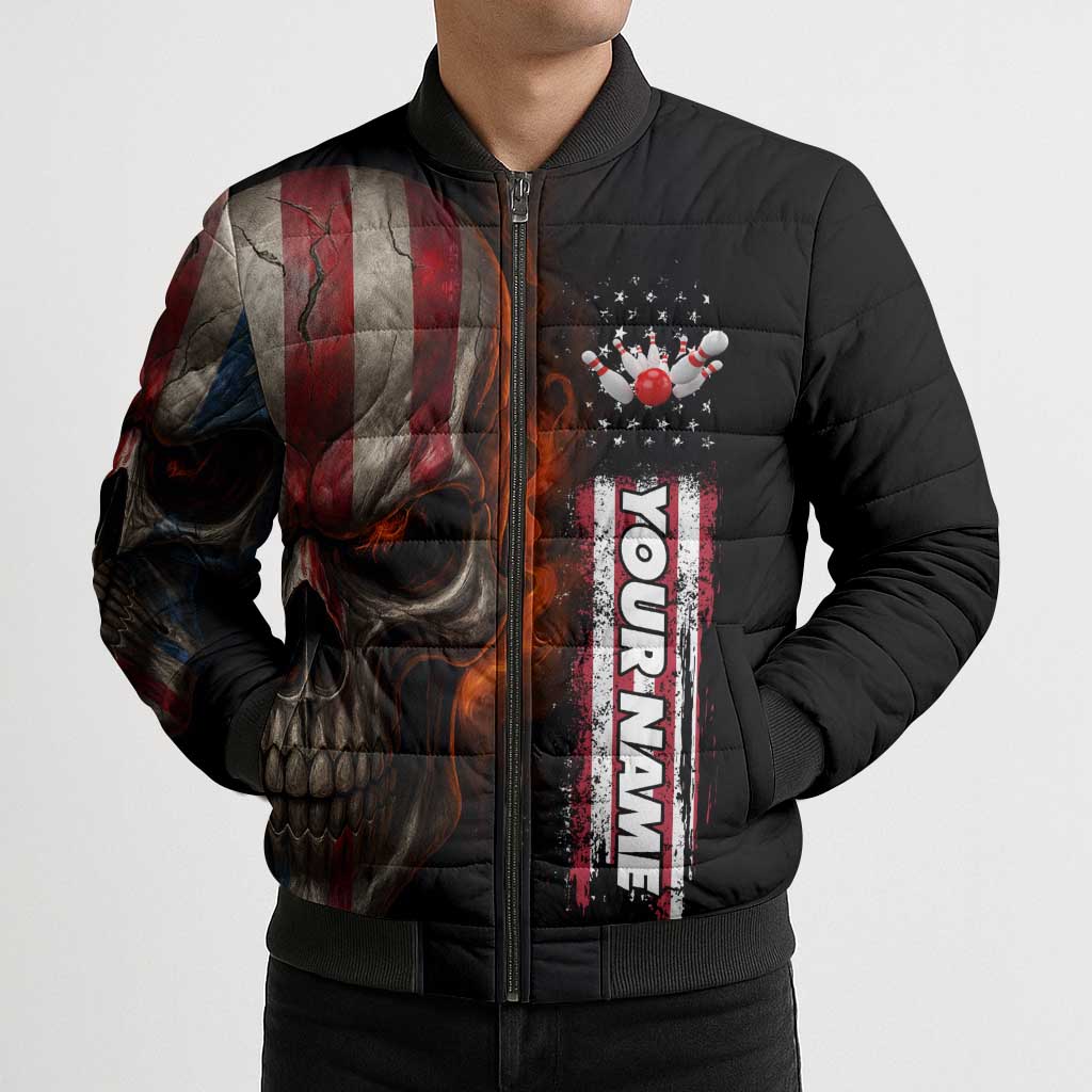 Custom American Flag Skull Bomber Puffer Jacket with Bowling Pins Flame Effect and Grunge Pattern - Wonder Print Shop