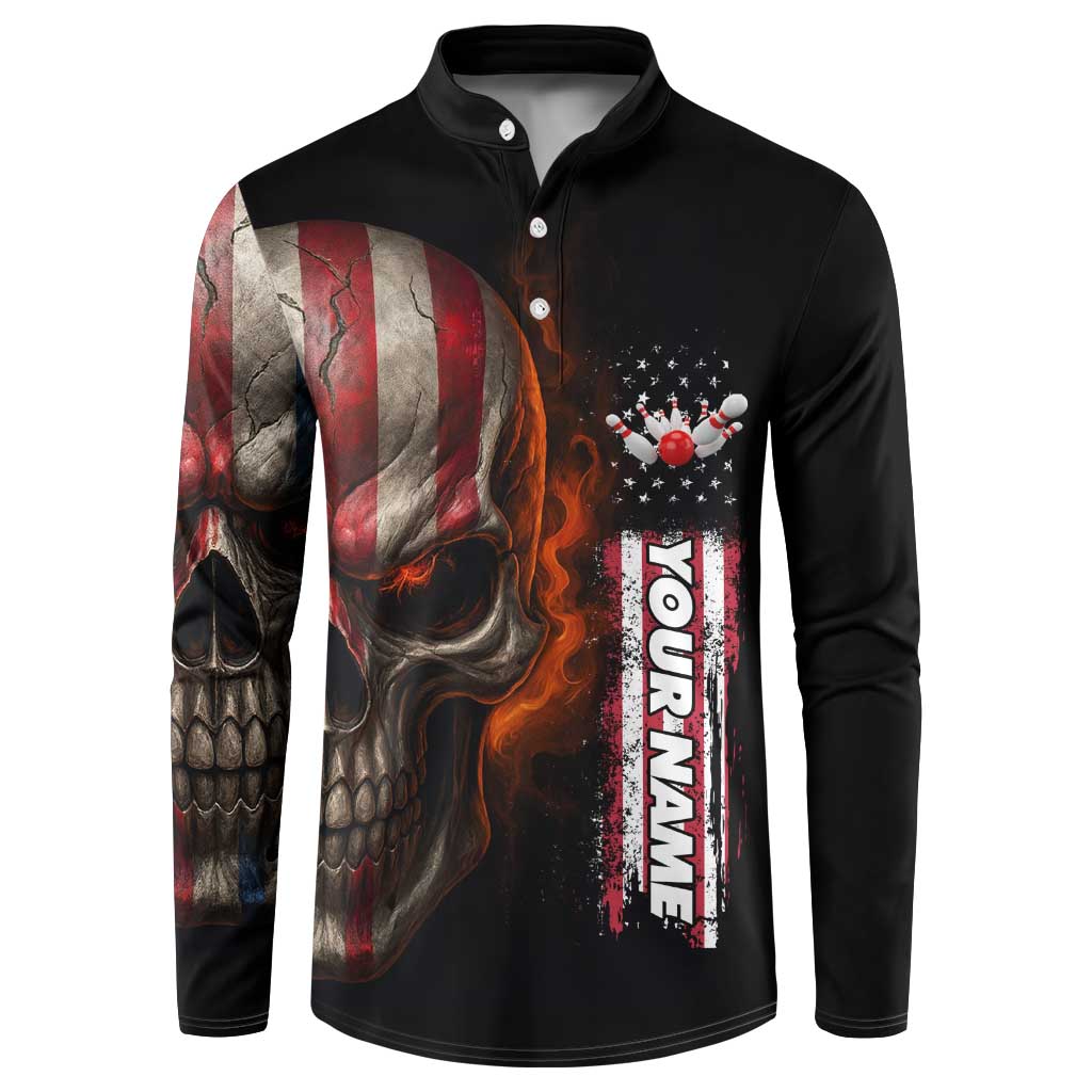 Custom American Flag Skull Button Sweatshirt with Bowling Pins Flame Effect and Grunge Pattern - Wonder Print Shop