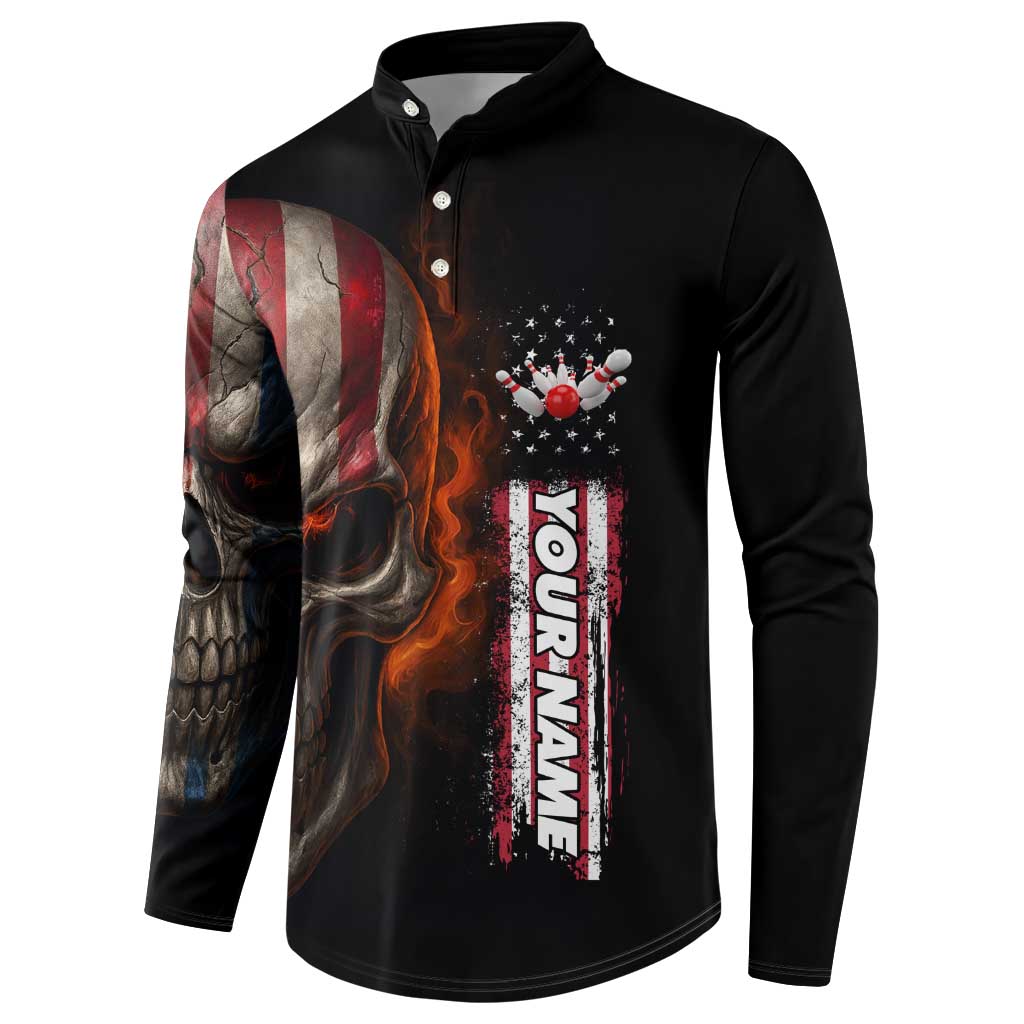Custom American Flag Skull Button Sweatshirt with Bowling Pins Flame Effect and Grunge Pattern - Wonder Print Shop