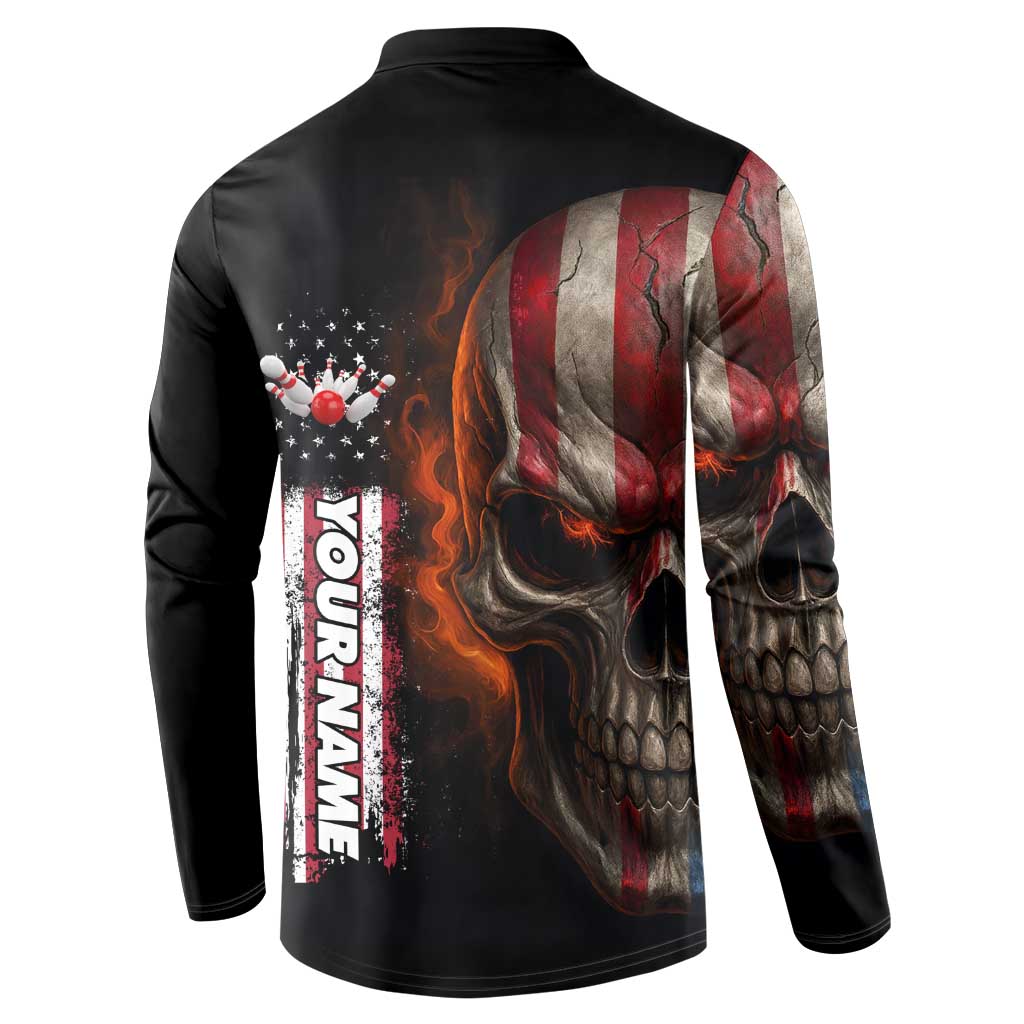 Custom American Flag Skull Button Sweatshirt with Bowling Pins Flame Effect and Grunge Pattern - Wonder Print Shop