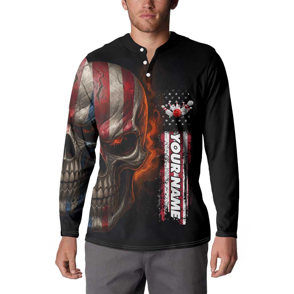 Custom American Flag Skull Button Sweatshirt with Bowling Pins Flame Effect and Grunge Pattern - Wonder Print Shop