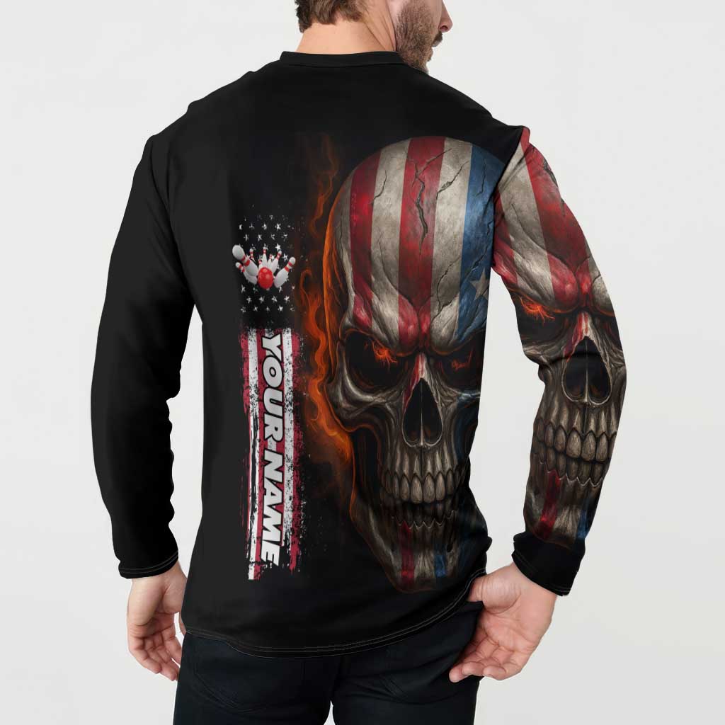 Custom American Flag Skull Button Sweatshirt with Bowling Pins Flame Effect and Grunge Pattern - Wonder Print Shop