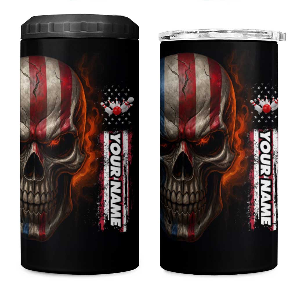 Custom American Flag Skull 4 in 1 Can Cooler Tumbler with Bowling Pins Flame Effect and Grunge Pattern - Wonder Print Shop