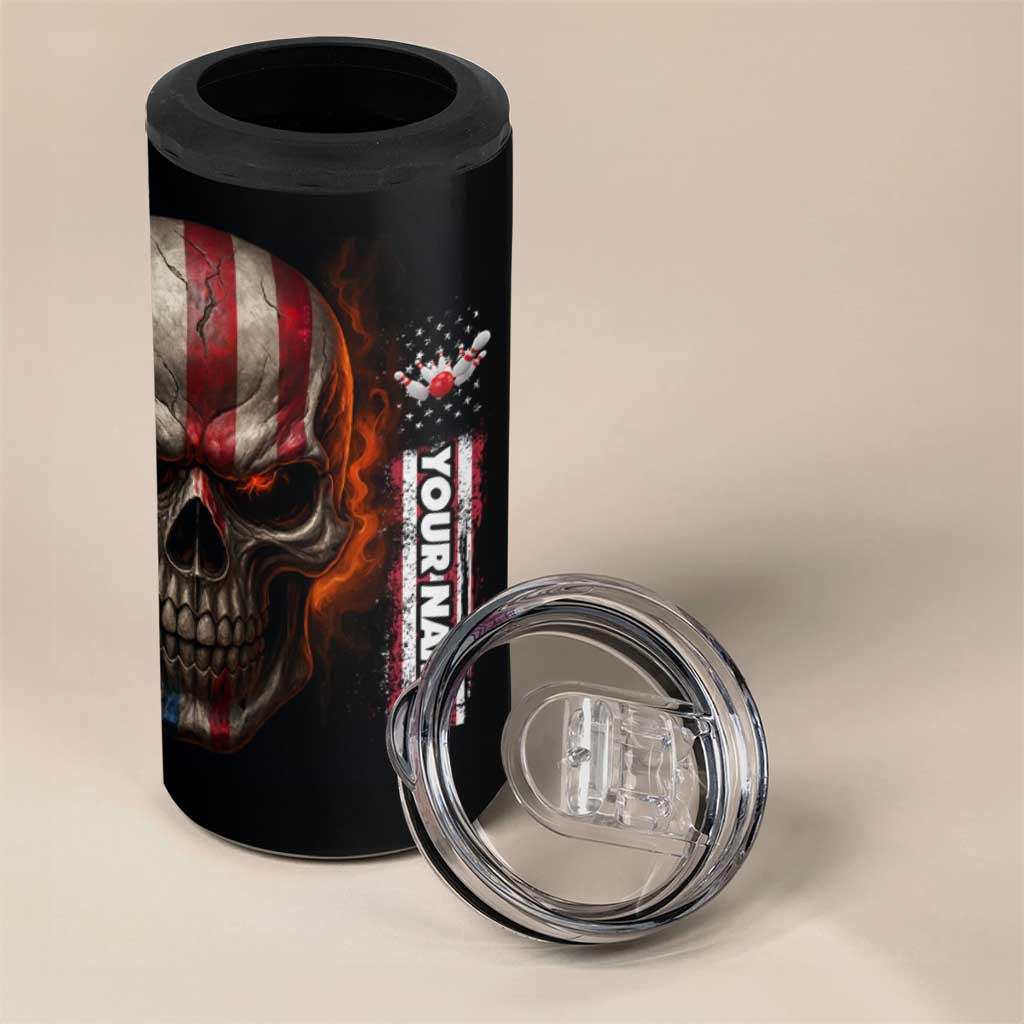 Custom American Flag Skull 4 in 1 Can Cooler Tumbler with Bowling Pins Flame Effect and Grunge Pattern - Wonder Print Shop