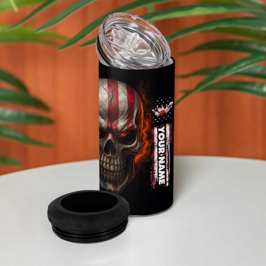 Custom American Flag Skull 4 in 1 Can Cooler Tumbler with Bowling Pins Flame Effect and Grunge Pattern - Wonder Print Shop