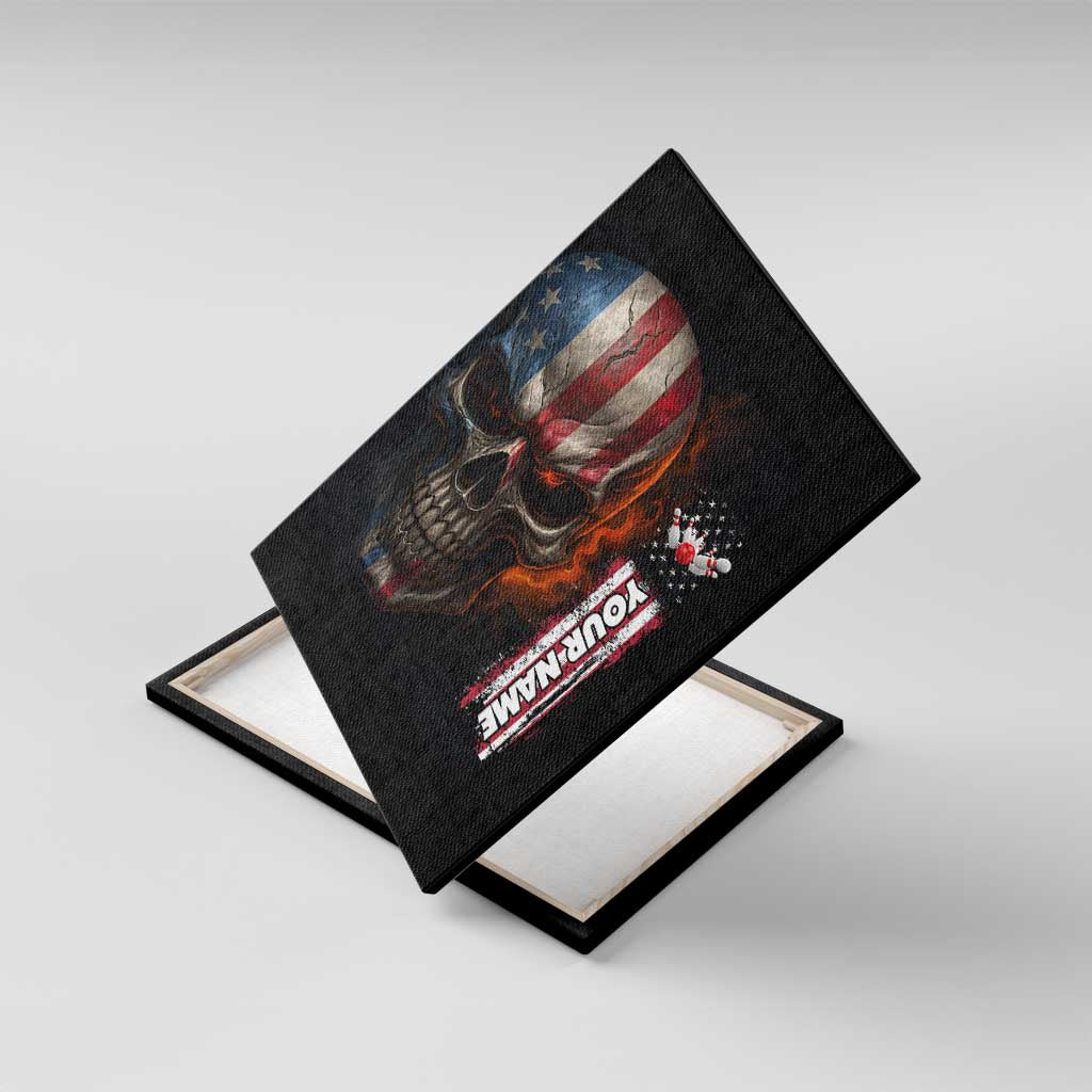 Custom American Flag Skull Canvas Wall Art with Bowling Pins Flame Effect and Grunge Pattern - Wonder Print Shop