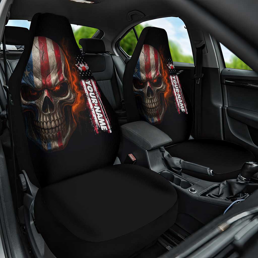 Custom American Flag Skull Car Seat Cover with Bowling Pins Flame Effect and Grunge Pattern - Wonder Print Shop