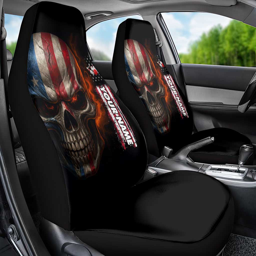 Custom American Flag Skull Car Seat Cover with Bowling Pins Flame Effect and Grunge Pattern - Wonder Print Shop