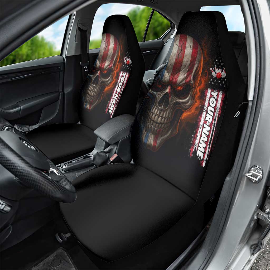 Custom American Flag Skull Car Seat Cover with Bowling Pins Flame Effect and Grunge Pattern - Wonder Print Shop