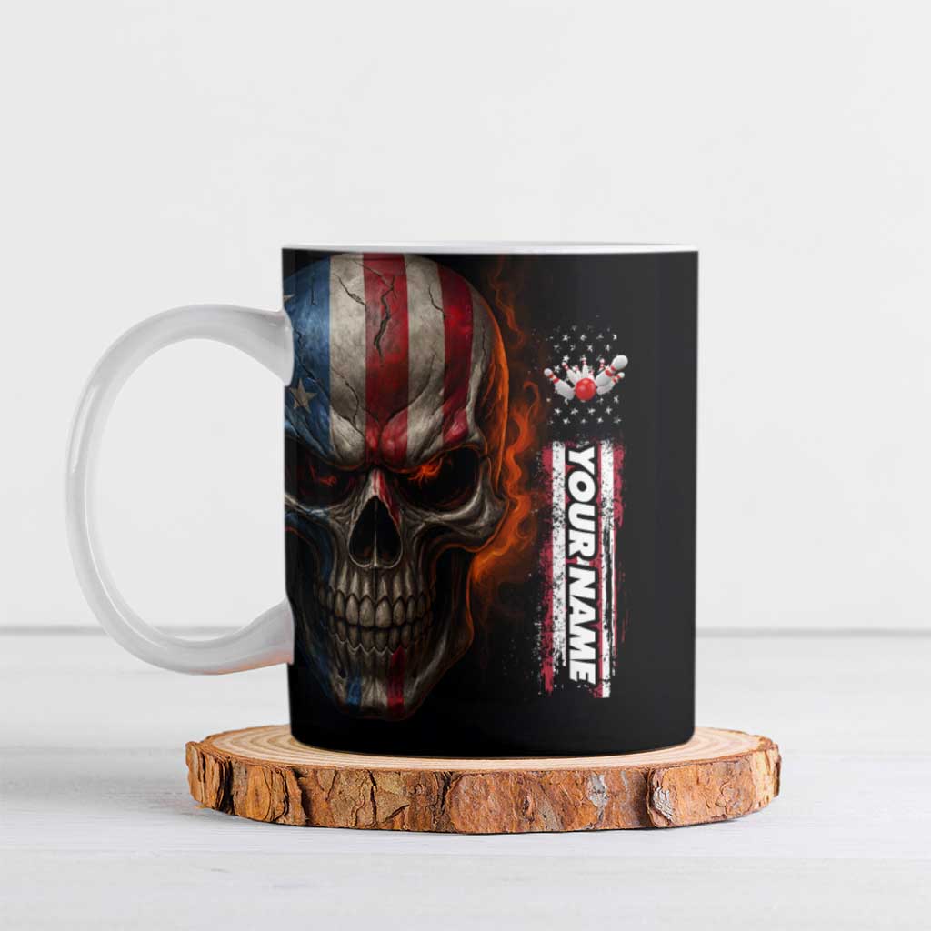 Custom American Flag Skull Ceramic Mug with Bowling Pins Flame Effect and Grunge Pattern - Wonder Print Shop