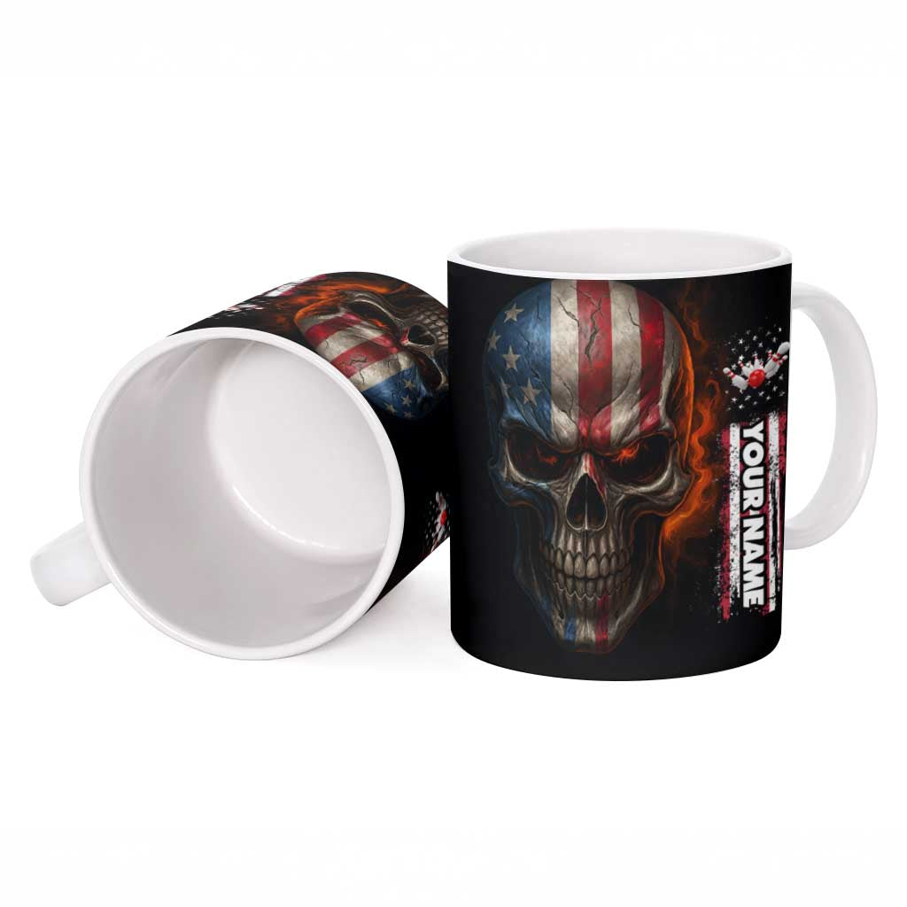 Custom American Flag Skull Ceramic Mug with Bowling Pins Flame Effect and Grunge Pattern - Wonder Print Shop