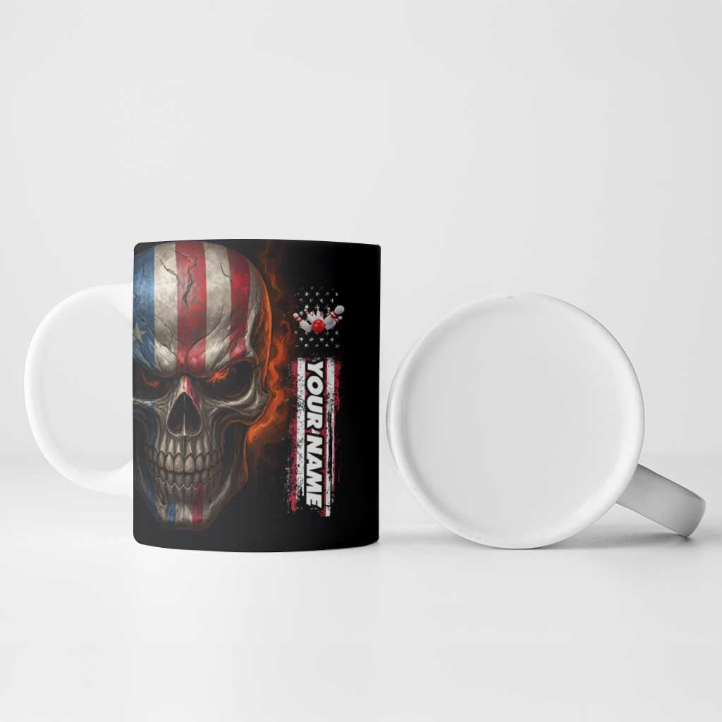 Custom American Flag Skull Ceramic Mug with Bowling Pins Flame Effect and Grunge Pattern - Wonder Print Shop