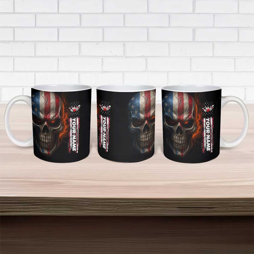 Custom American Flag Skull Ceramic Mug with Bowling Pins Flame Effect and Grunge Pattern - Wonder Print Shop