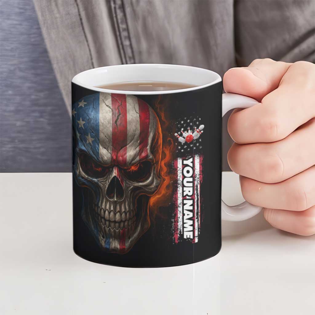 Custom American Flag Skull Ceramic Mug with Bowling Pins Flame Effect and Grunge Pattern - Wonder Print Shop