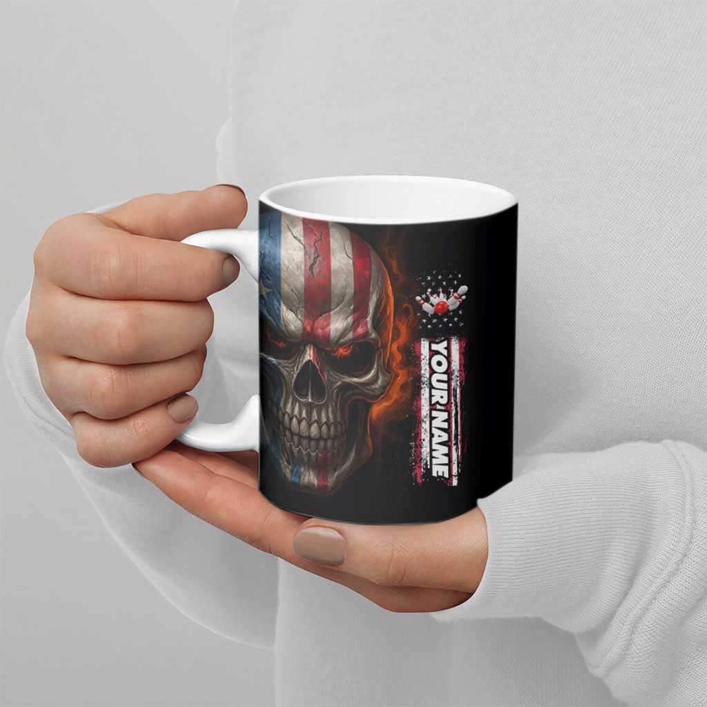 Custom American Flag Skull Ceramic Mug with Bowling Pins Flame Effect and Grunge Pattern - Wonder Print Shop