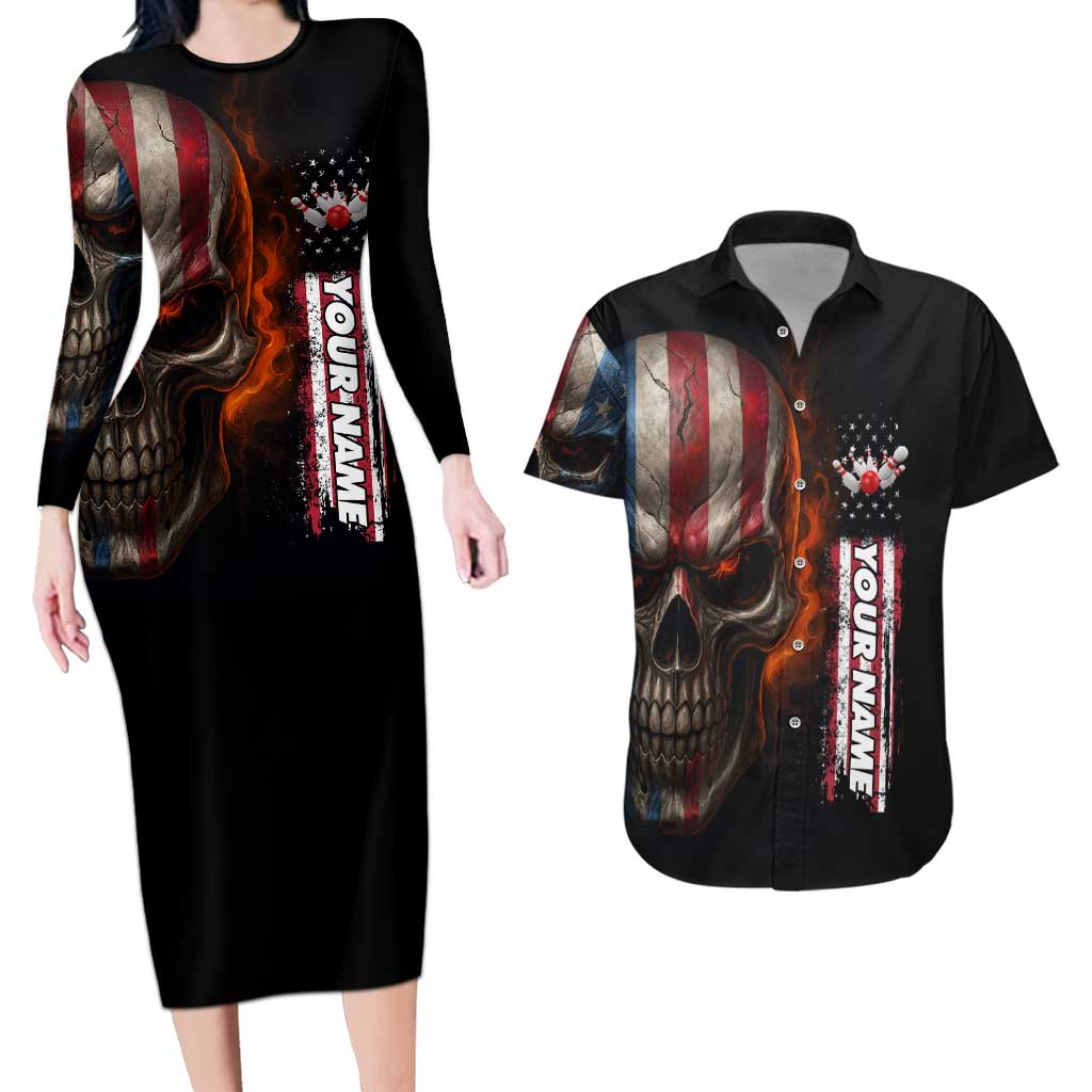 Custom American Flag Skull Couples Matching Long Sleeve Bodycon Dress and Hawaiian Shirt with Bowling Pins Flame Effect and Grunge Pattern - Wonder Print Shop