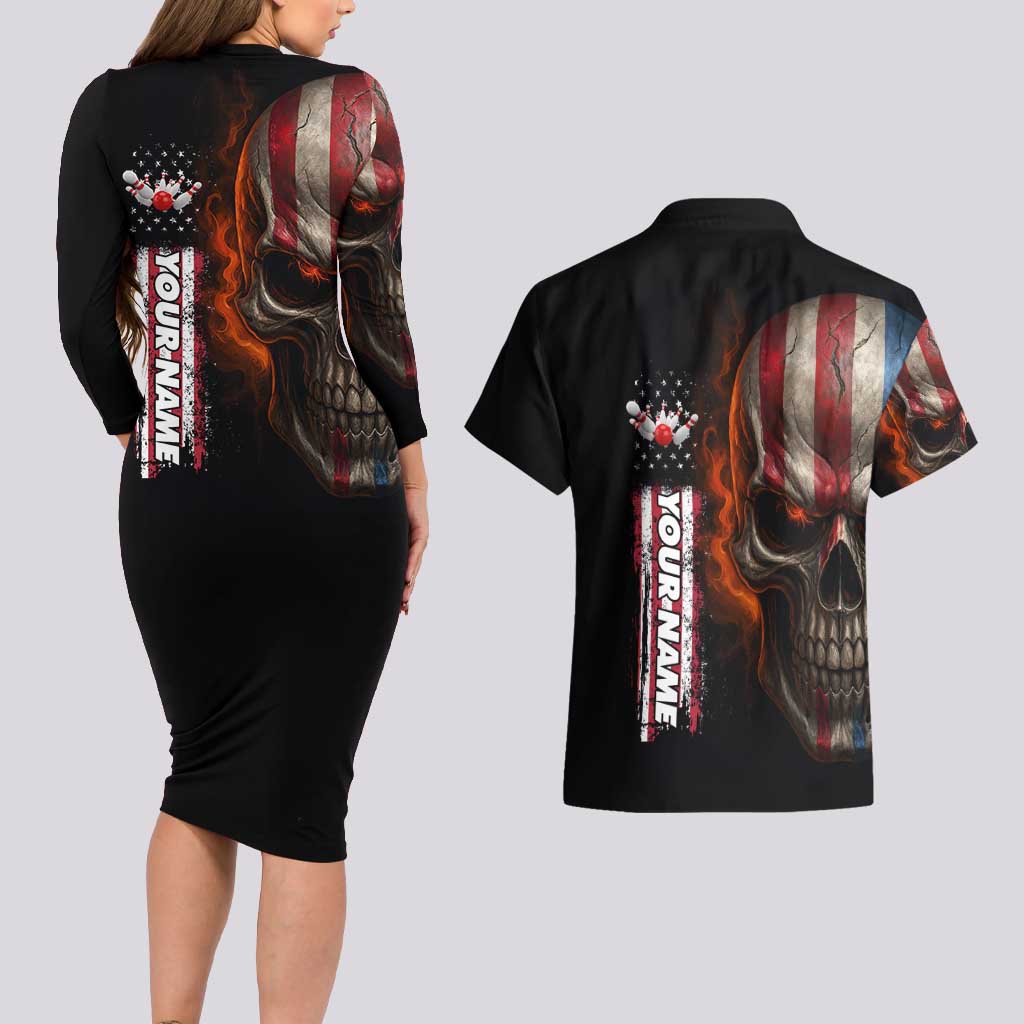 Custom American Flag Skull Couples Matching Long Sleeve Bodycon Dress and Hawaiian Shirt with Bowling Pins Flame Effect and Grunge Pattern - Wonder Print Shop