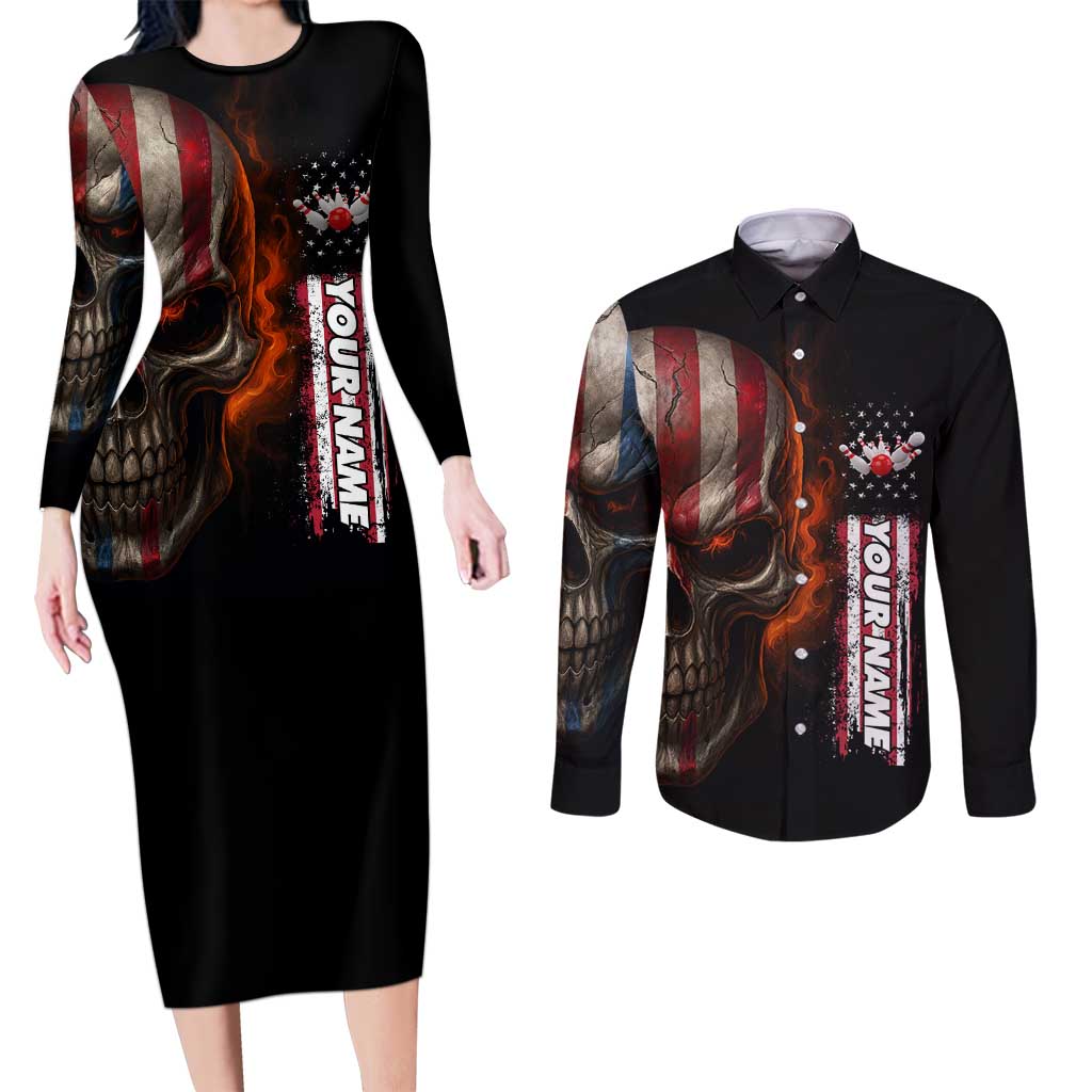 Custom American Flag Skull Couples Matching Long Sleeve Bodycon Dress and Long Sleeve Button Shirt with Bowling Pins Flame Effect and Grunge Pattern - Wonder Print Shop