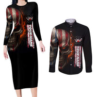 Custom American Flag Skull Couples Matching Long Sleeve Bodycon Dress and Long Sleeve Button Shirt with Bowling Pins Flame Effect and Grunge Pattern - Wonder Print Shop