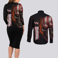Custom American Flag Skull Couples Matching Long Sleeve Bodycon Dress and Long Sleeve Button Shirt with Bowling Pins Flame Effect and Grunge Pattern - Wonder Print Shop