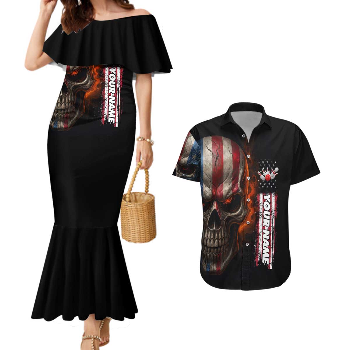 Custom American Flag Skull Couples Matching Mermaid Dress and Hawaiian Shirt with Bowling Pins Flame Effect and Grunge Pattern - Wonder Print Shop