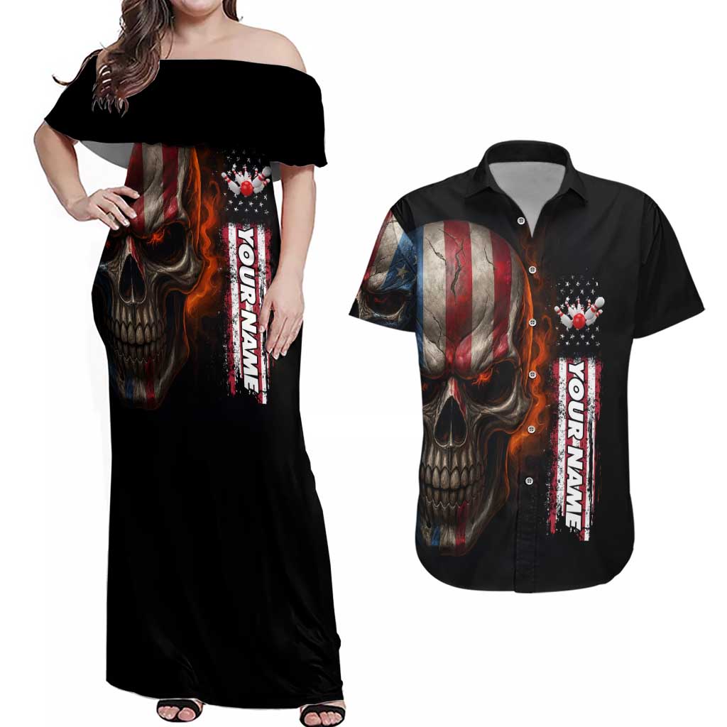 Custom American Flag Skull Couples Matching Off Shoulder Maxi Dress and Hawaiian Shirt with Bowling Pins Flame Effect and Grunge Pattern - Wonder Print Shop