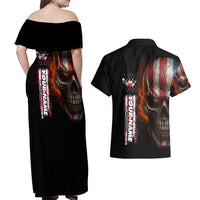 Custom American Flag Skull Couples Matching Off Shoulder Maxi Dress and Hawaiian Shirt with Bowling Pins Flame Effect and Grunge Pattern - Wonder Print Shop