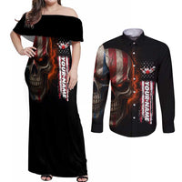 Custom American Flag Skull Couples Matching Off Shoulder Maxi Dress and Long Sleeve Button Shirt with Bowling Pins Flame Effect and Grunge Pattern - Wonder Print Shop