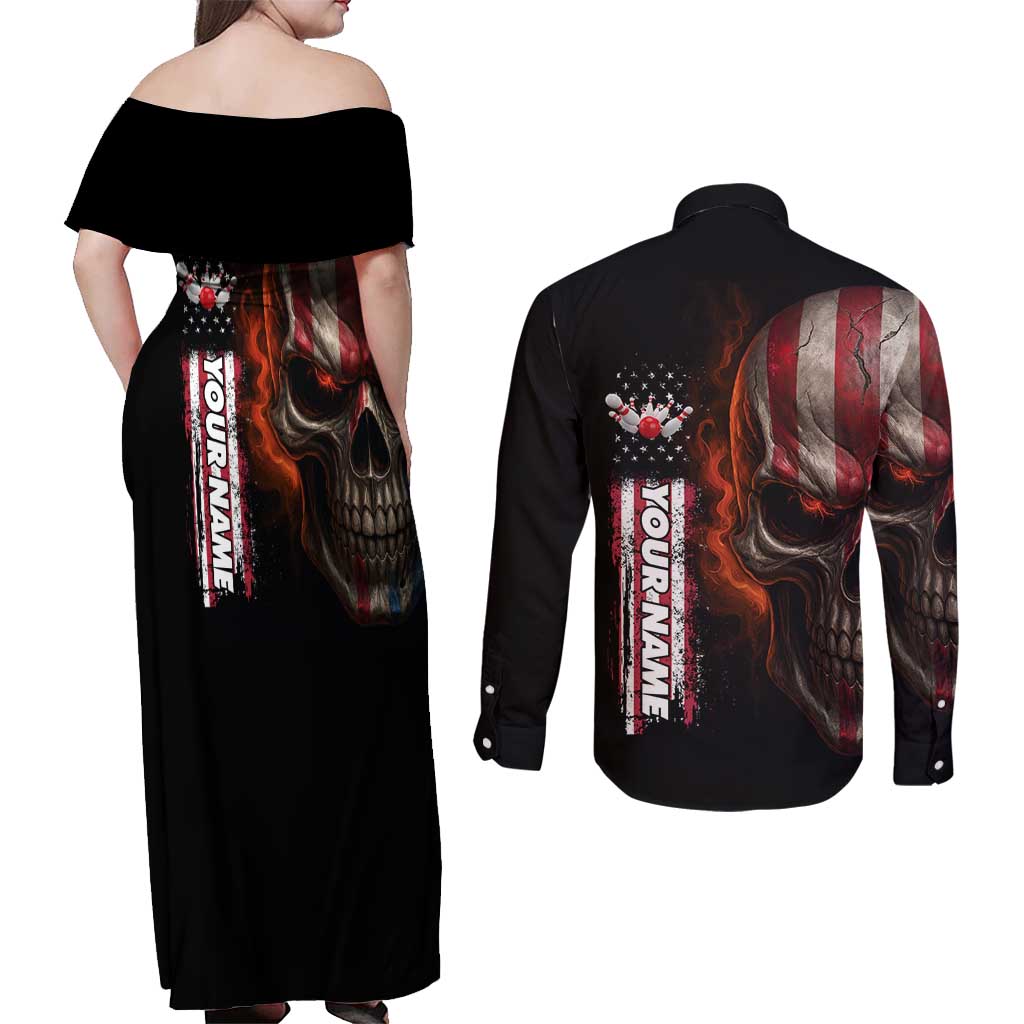 Custom American Flag Skull Couples Matching Off Shoulder Maxi Dress and Long Sleeve Button Shirt with Bowling Pins Flame Effect and Grunge Pattern - Wonder Print Shop