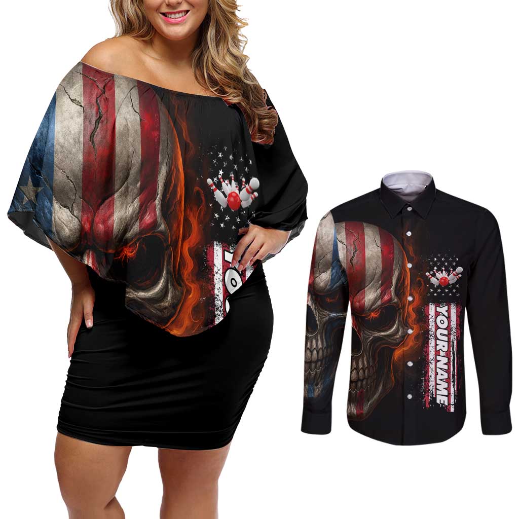 Custom American Flag Skull Couples Matching Off Shoulder Short Dress and Long Sleeve Button Shirt with Bowling Pins Flame Effect and Grunge Pattern - Wonder Print Shop