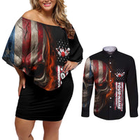 Custom American Flag Skull Couples Matching Off Shoulder Short Dress and Long Sleeve Button Shirt with Bowling Pins Flame Effect and Grunge Pattern - Wonder Print Shop