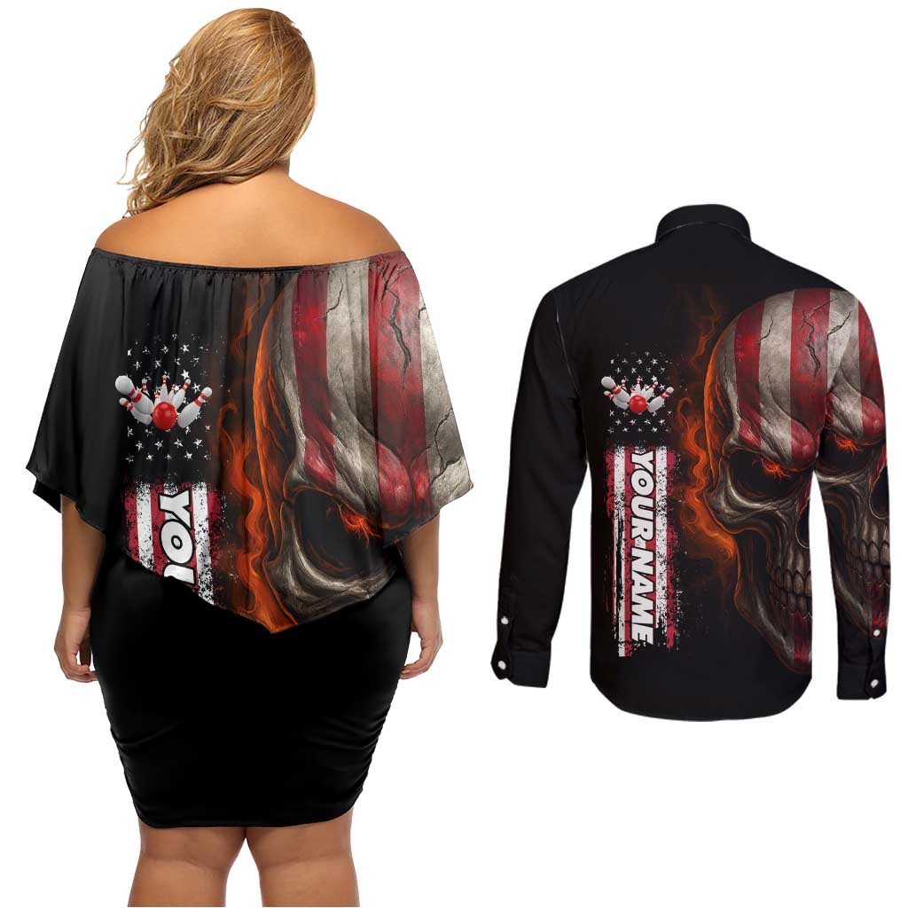 Custom American Flag Skull Couples Matching Off Shoulder Short Dress and Long Sleeve Button Shirt with Bowling Pins Flame Effect and Grunge Pattern - Wonder Print Shop