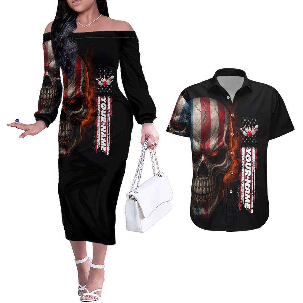 Custom American Flag Skull Couples Matching Off The Shoulder Long Sleeve Dress and Hawaiian Shirt with Bowling Pins Flame Effect and Grunge Pattern - Wonder Print Shop