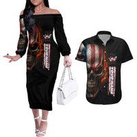 Custom American Flag Skull Couples Matching Off The Shoulder Long Sleeve Dress and Hawaiian Shirt with Bowling Pins Flame Effect and Grunge Pattern - Wonder Print Shop