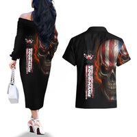 Custom American Flag Skull Couples Matching Off The Shoulder Long Sleeve Dress and Hawaiian Shirt with Bowling Pins Flame Effect and Grunge Pattern - Wonder Print Shop