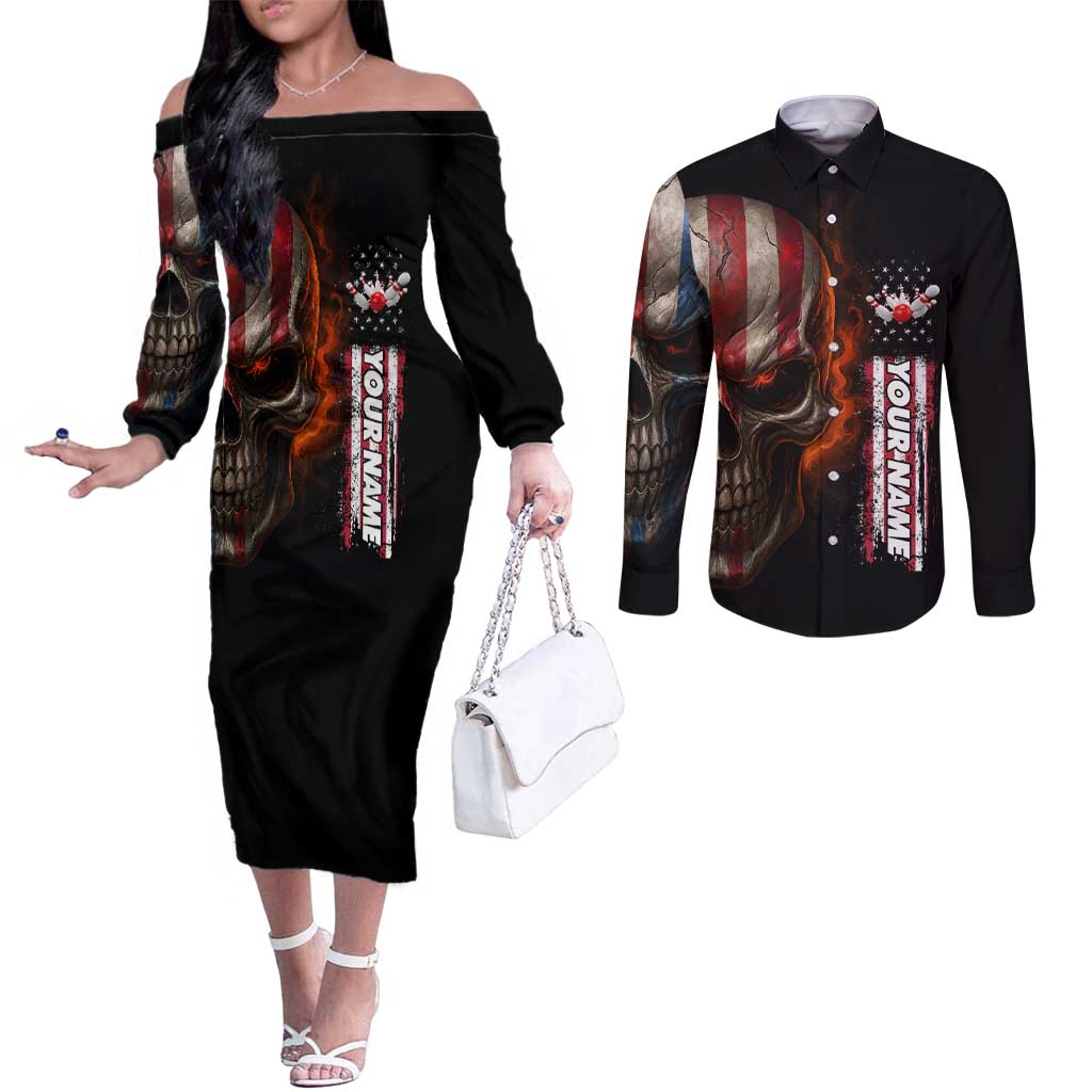 Custom American Flag Skull Couples Matching Off The Shoulder Long Sleeve Dress and Long Sleeve Button Shirt with Bowling Pins Flame Effect and Grunge Pattern - Wonder Print Shop
