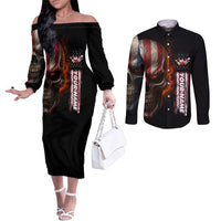 Custom American Flag Skull Couples Matching Off The Shoulder Long Sleeve Dress and Long Sleeve Button Shirt with Bowling Pins Flame Effect and Grunge Pattern - Wonder Print Shop