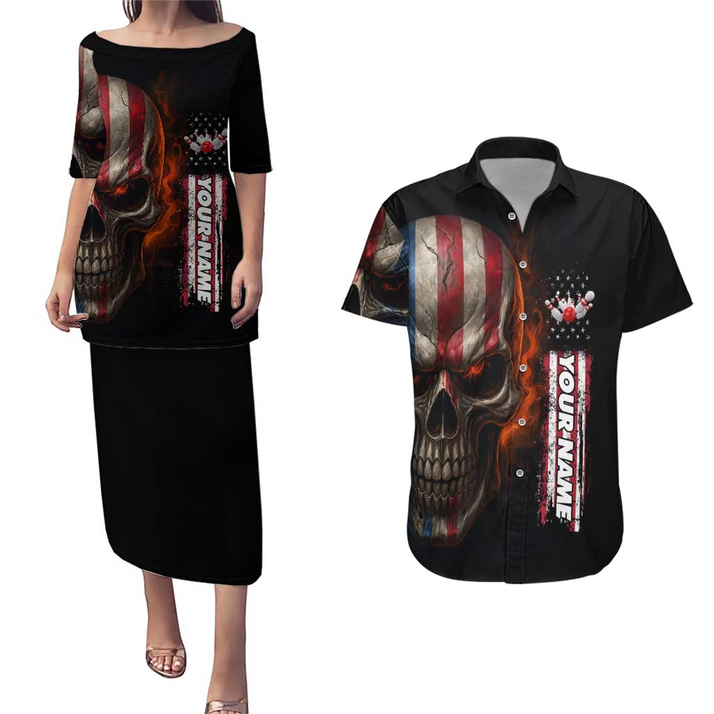 Custom American Flag Skull Couples Matching Puletasi and Hawaiian Shirt with Bowling Pins Flame Effect and Grunge Pattern - Wonder Print Shop