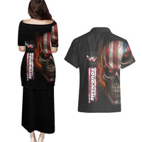 Custom American Flag Skull Couples Matching Puletasi and Hawaiian Shirt with Bowling Pins Flame Effect and Grunge Pattern - Wonder Print Shop