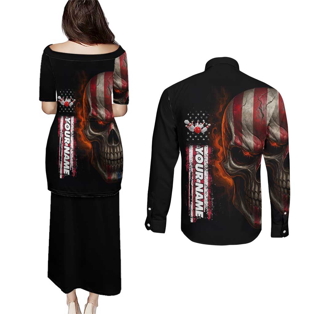 Custom American Flag Skull Couples Matching Puletasi and Long Sleeve Button Shirt with Bowling Pins Flame Effect and Grunge Pattern - Wonder Print Shop