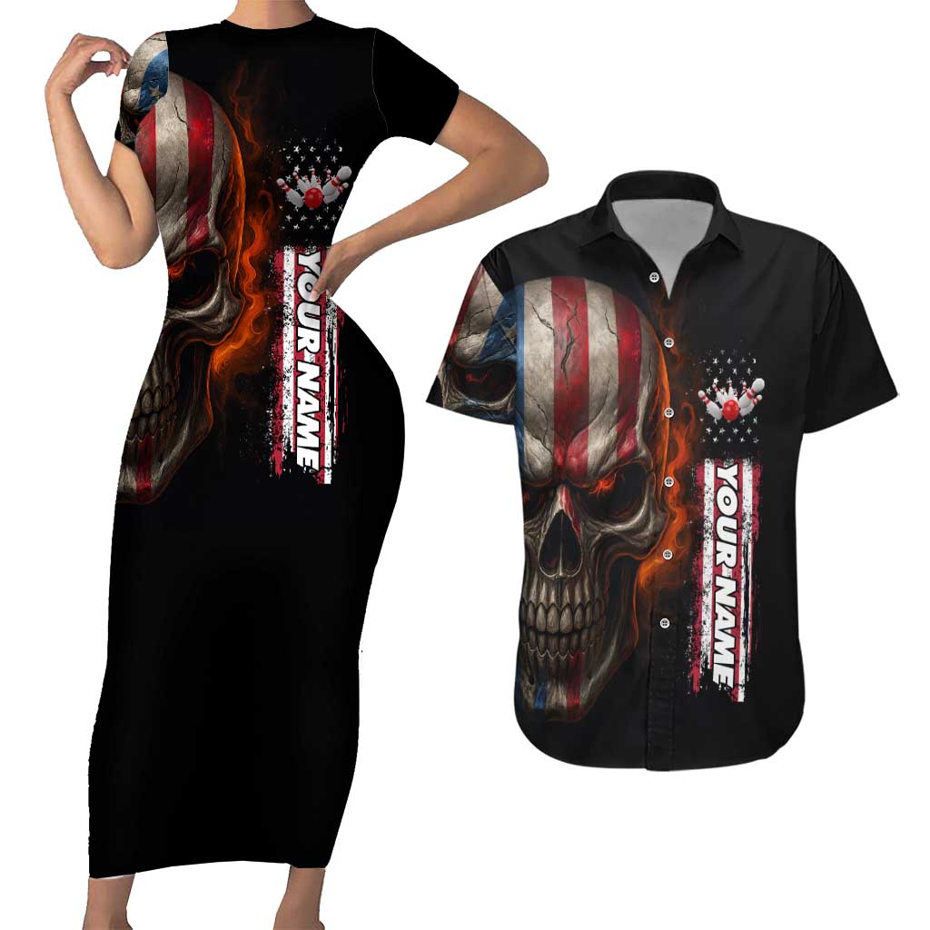 Custom American Flag Skull Couples Matching Short Sleeve Bodycon Dress and Hawaiian Shirt with Bowling Pins Flame Effect and Grunge Pattern - Wonder Print Shop